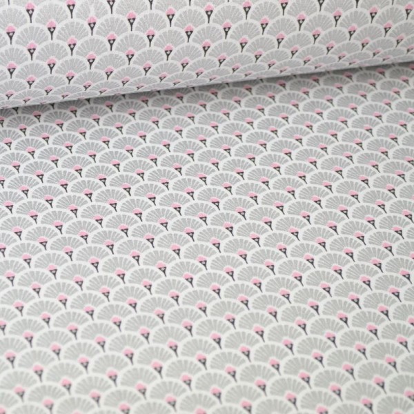 Tissu coton imprimé éventails écailles - Argent - Photo n°1