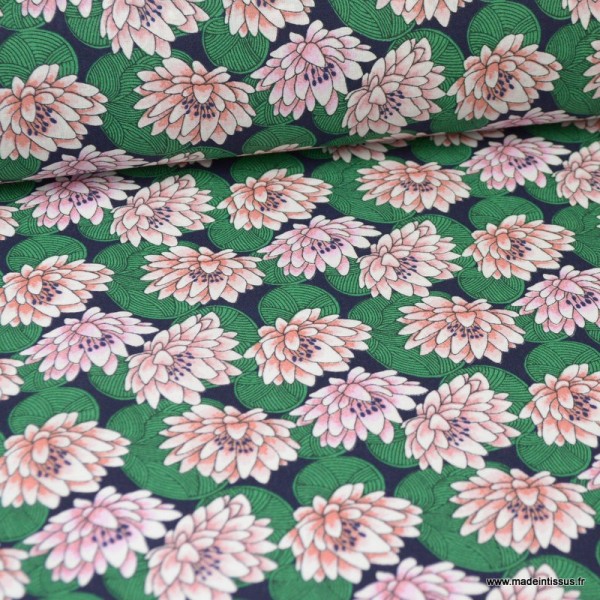 Tissu coton imprimé Nénuphar Rose et vert - Photo n°1