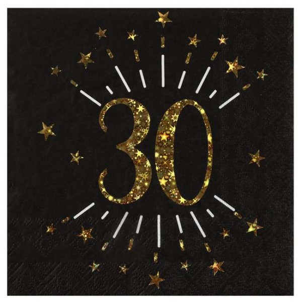 10 Serviettes anniversaire 30 ans noir et or métallisé - Photo n°1