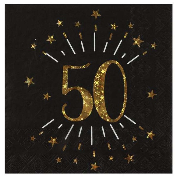 10 Serviettes anniversaire 50 ans noir et or métallisé - Photo n°1