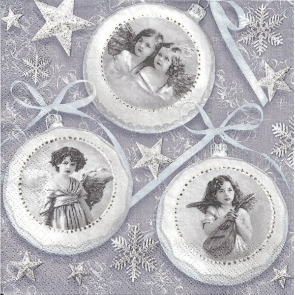 4 Serviettes en papier Boules de Noël Anges Vintage Format Lunch decoupage SLGW-019601 Pol-Mak - Photo n°1