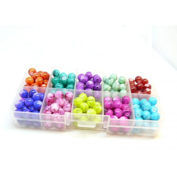 HX110001 Les essentiels: Boite de 240 perles de verre Veinées 8mm, 10 couleurs - Photo n°1