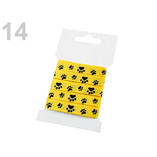 1card 14 Moutarde Ruban de gros-grain Largeur de 10mm d'empreintes de pattes, des Rubans Imprimés, a - Photo n°1
