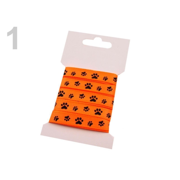 1card Orange Néon Ruban de gros-grain Largeur de 10mm d'empreintes de pattes, des Rubans Imprimés, a - Photo n°1
