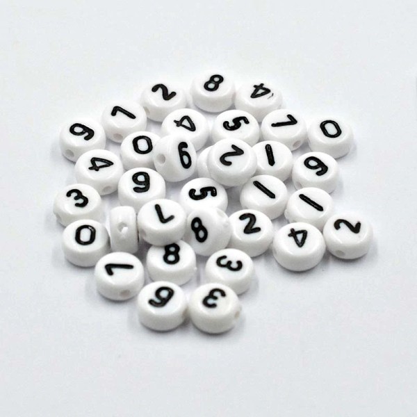 100 Perles Mixte Chiffre Blanche Ecriture Noir Acrylique Ronde 7mm x 4mm - Photo n°1