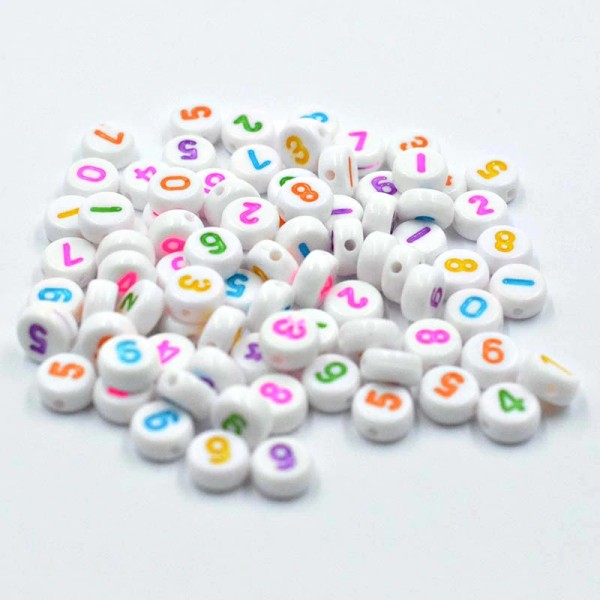 100 Perles Mixte Chiffre Blanche Ecriture Mixte Acrylique Ronde 7mm x 4mm - Photo n°3