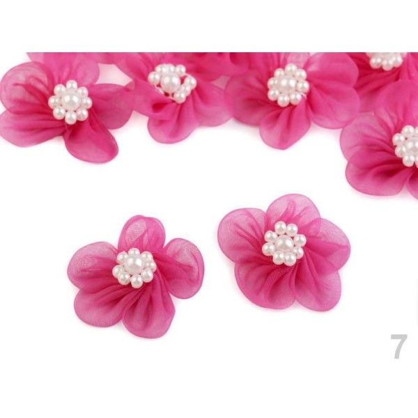 10pc Framboise Fleur en Organza Ø30mm Avec des Imitations de Perles, d'Autres Fleurs À Coudre de la - Photo n°1