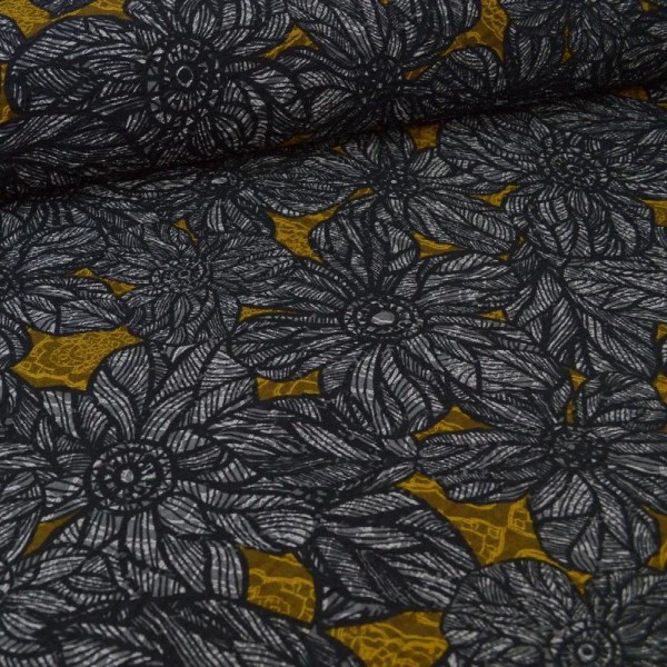 Tissu Bengaline stetch motifs fleurs brodées moutarde - Photo n°1
