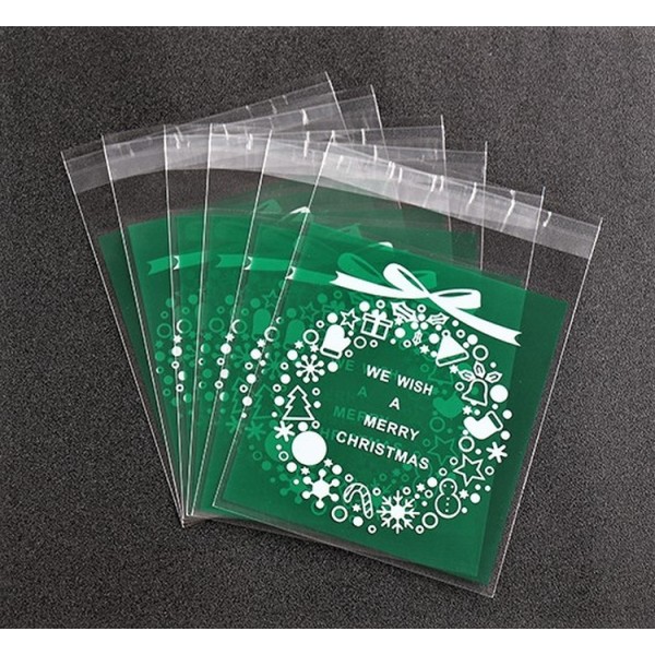 50 Sachets Noel vert, emballage cadeau couronne de Noël, sachets pour cookies - Photo n°1