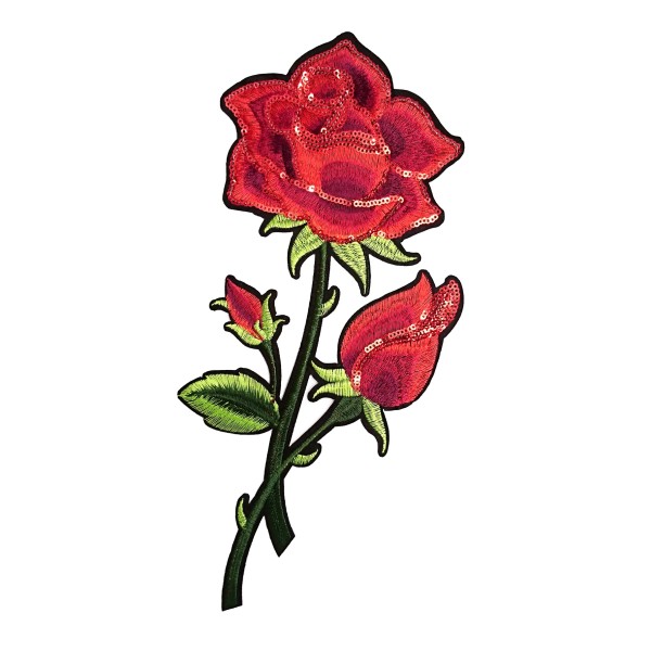 Patch brodé fleur rose, écusson thermocollant à sequins, 29,5 cm - Photo n°1