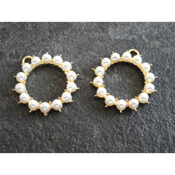 2 Breloques Pendentifs ronds, forme soleil avec perles blanches - 27*25mm - doré - Photo n°1