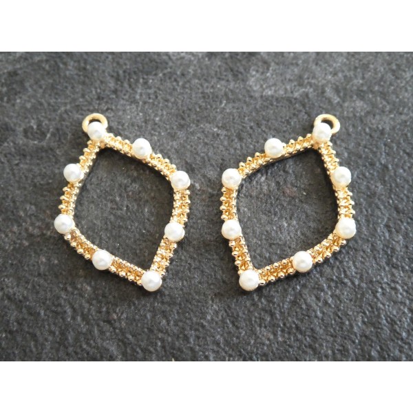 2 Pendentifs forme losange avec perles blanches - 34*32mm - doré - Photo n°1