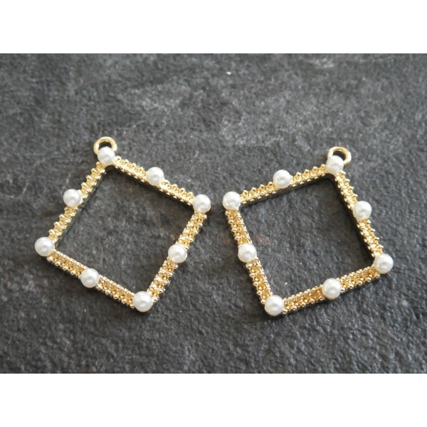 2 Pendentifs losange avec perles blanches - 33*30mm - doré - Photo n°1
