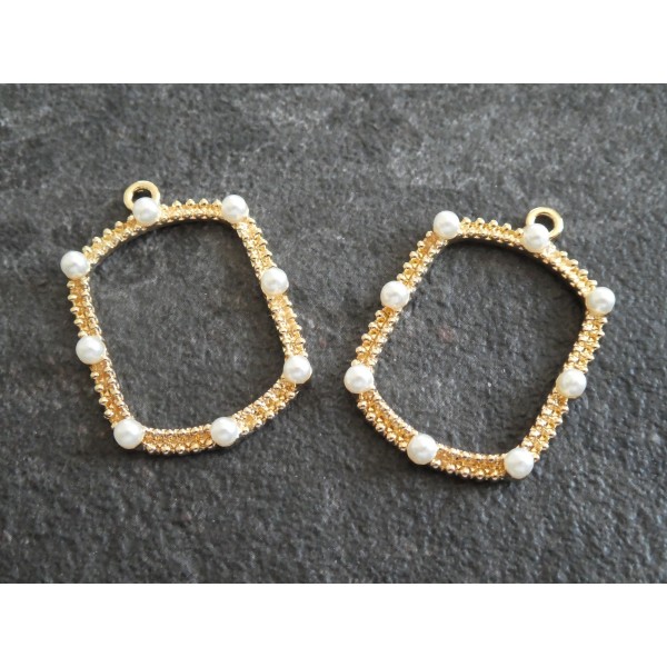 2 Pendentifs géométriques Rectangle avec perles blanches - 34*24mm - doré - Photo n°1