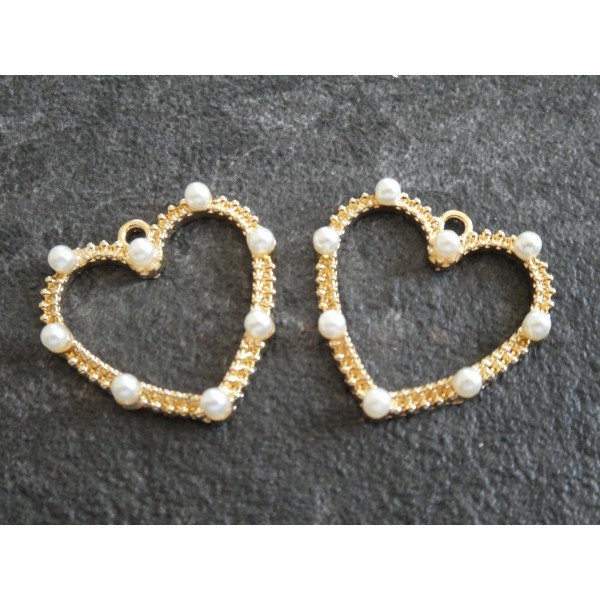 2 Pendentifs / breloques Coeur avec perles blanches - 28*27mm - doré - Photo n°1