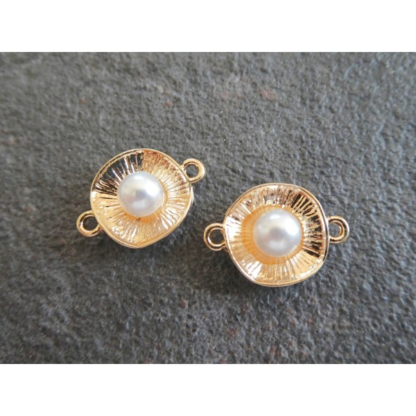 2 Connecteurs ronds iréguliers avec perle blanche - 18*13mm - doré - Photo n°1