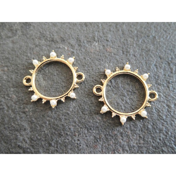 2 Connecteurs ronds forme soleil avec perles blanches - 21*20mm - doré - Photo n°1