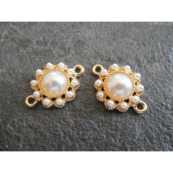 2 Connecteurs ronds, forme fleur avec perles blanches - 21*15mm - doré - Photo n°1
