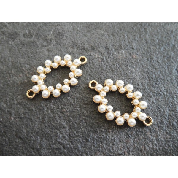 2 Connecteurs ovales ajourés avec perles blanches - 27*15mm - doré - Photo n°1