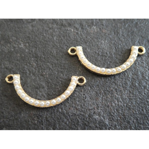 2 Connecteurs demi-cercle, demi-lune avec perles blanches - 34*13mm - doré - Photo n°1