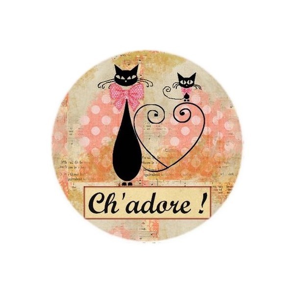 2 Cabochons Ronds Verre 16 mm, Ch'adore Chat Rose - Photo n°1