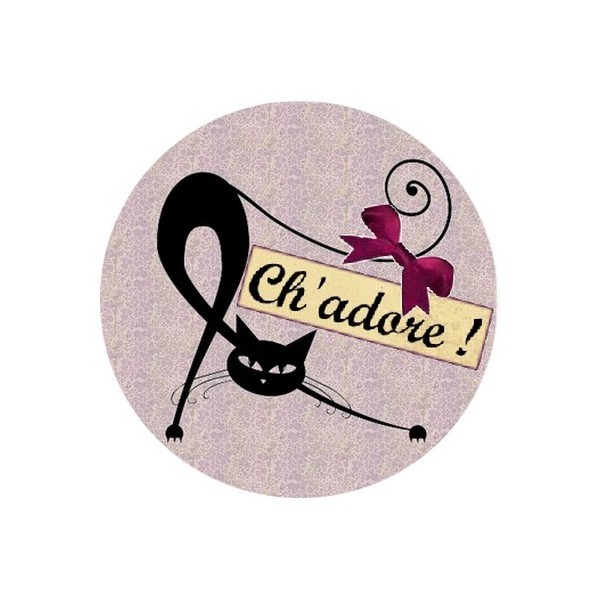 1 Cabochon Rond Verre 25 mm, Ch'adore Chat Mauve - Photo n°1