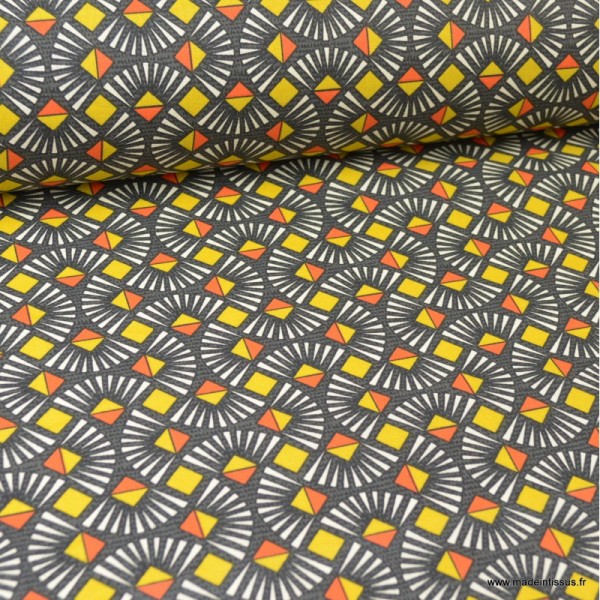 Tissu coton Oeko tex imprimé graphique Wax Rouge, jaune et anthracite - Photo n°1