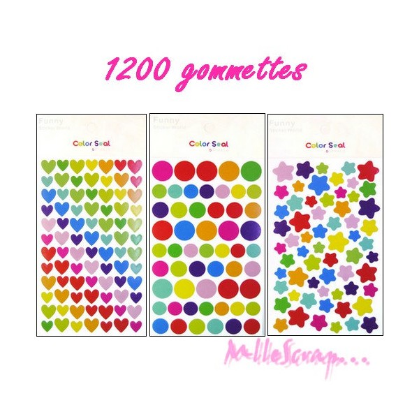 Gros lot gommettes - rond, étoiles, cœurs, lot de 1200 stickers - Photo n°1