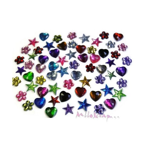 Strass fleurs, étoiles, cœurs à coller - 150 pièces - Photo n°1
