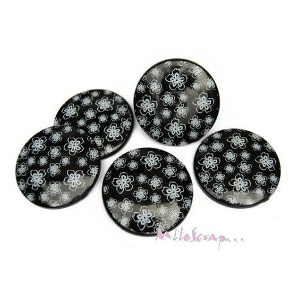 Cabochons dos plat noir à fleurs - 5 pièces - Photo n°1