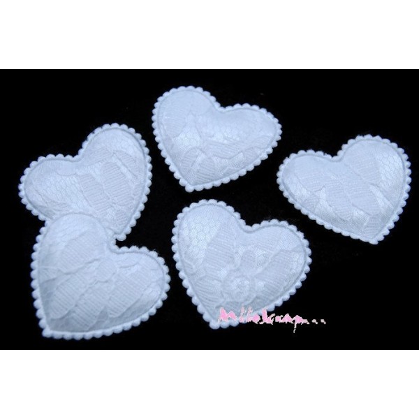 Appliques cœurs tissu dentelle blanc - 5 pièces - Photo n°1