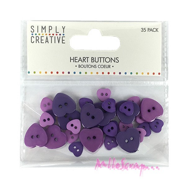 Boutons cœurs ton violet - Simply Creative - 35 pièces - Photo n°1