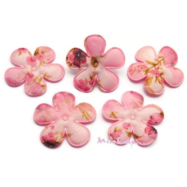 Appliques fleurs tissu rose - 5 pièces - Photo n°1