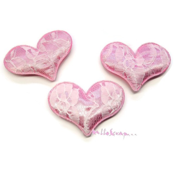 Appliques cœurs tissu dentelle rose clair - 3 pièces - Photo n°1