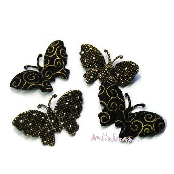Appliques papillons tissu noir, doré - 4 pièces - Photo n°1