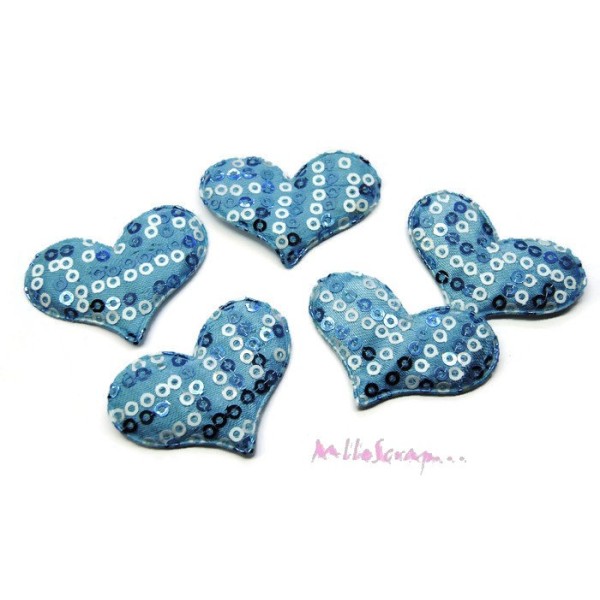 Appliques cœurs tissu sequin bleu - 5 pièces - Photo n°1