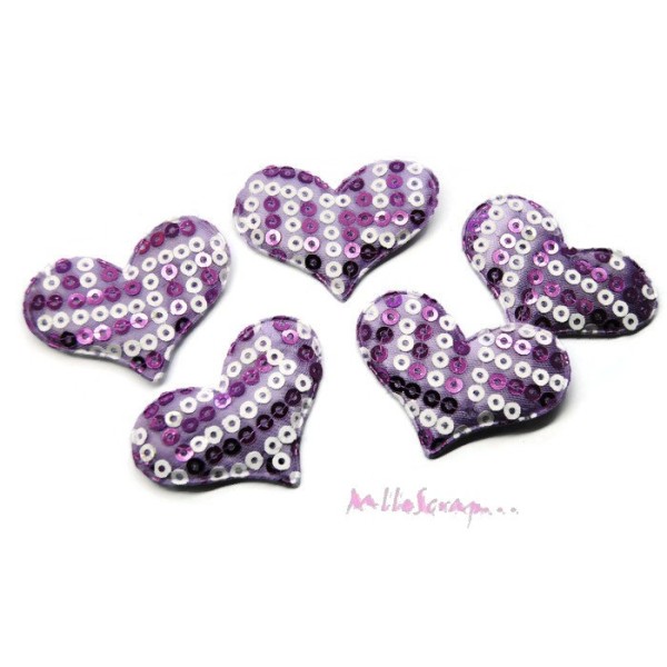 Appliques cœurs tissu sequin violet - 5 pièces - Photo n°1