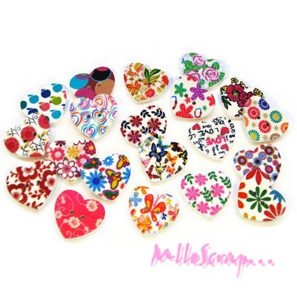 Boutons bois cœurs multicolores - 10 pièces - Photo n°1