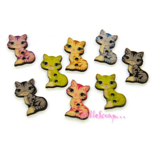 Boutons bois petits chats multicolore - 8 pièces - Photo n°1