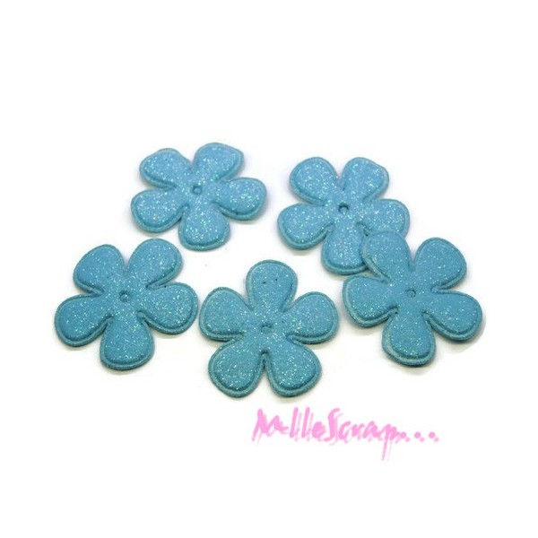 Appliques fleurs tissu paillettes bleu - 5 pièces - Photo n°1