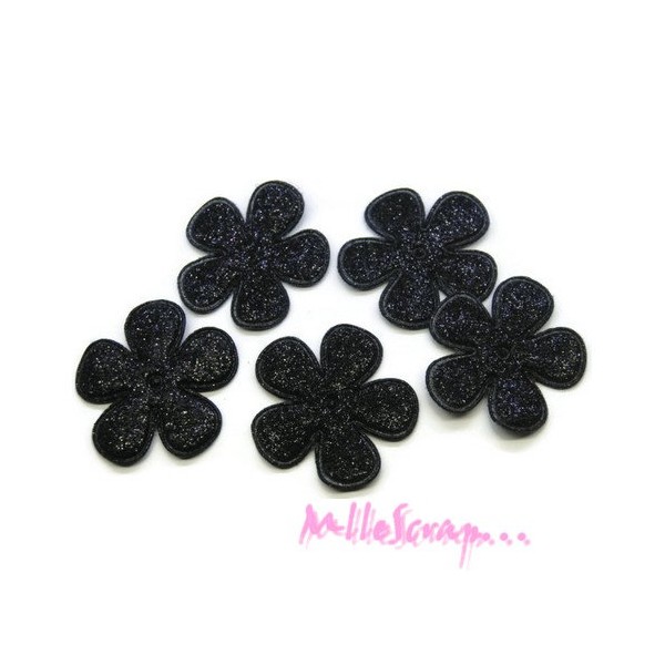 Appliques fleurs tissu paillettes noir - 5 pièces - Photo n°1