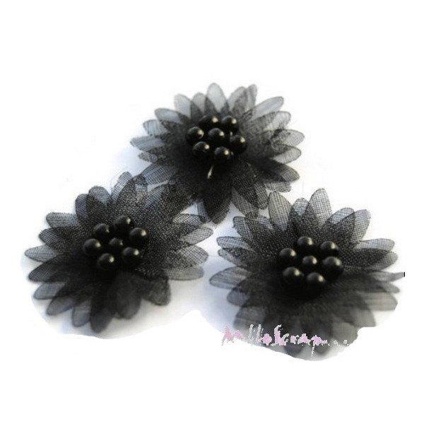 Appliques fleurs tissu perles noir - 5 pièces - Photo n°1