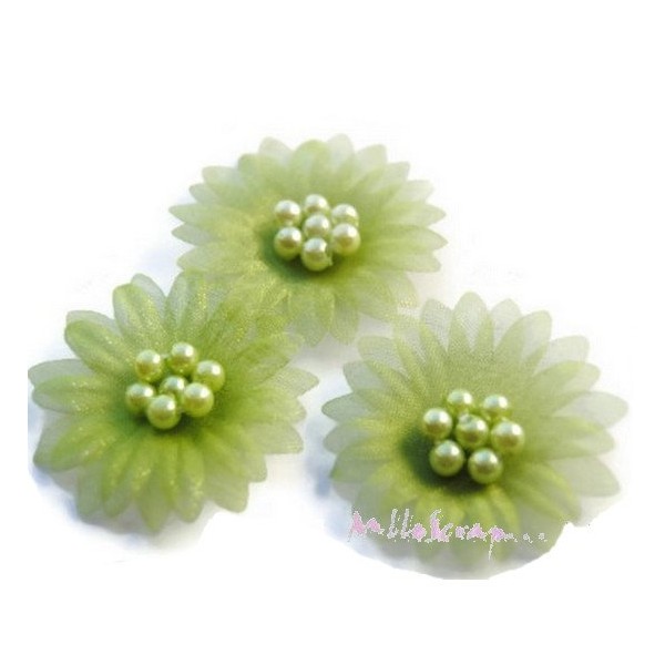 Appliques fleurs tissu perles vert - 5 pièces - Photo n°1