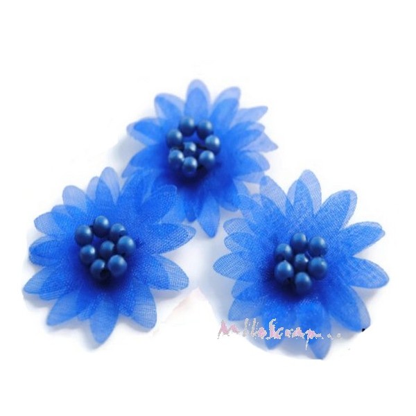 Appliques fleurs tissu perles bleu - 5 pièces - Photo n°1