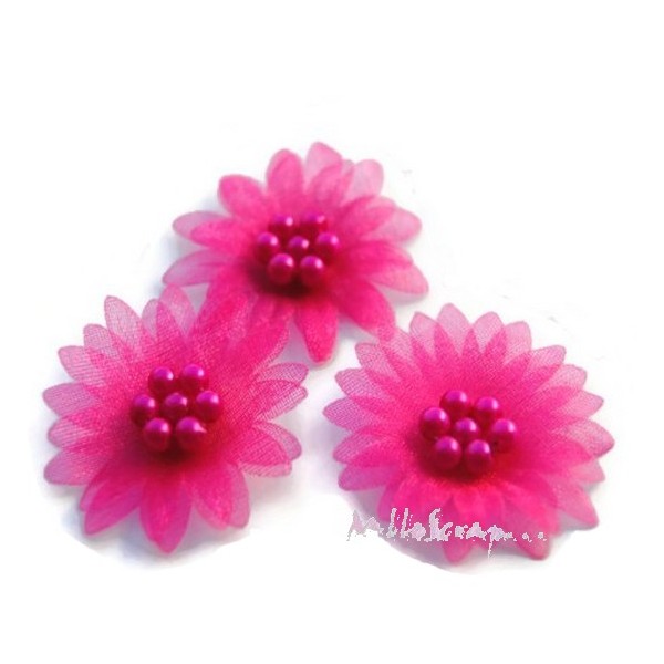 Appliques fleurs tissu perles rose - 5 pièces - Photo n°1