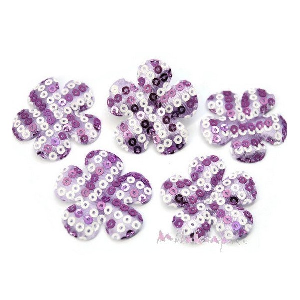 Appliques fleurs tissu sequin violet - 5 pièces - Photo n°1