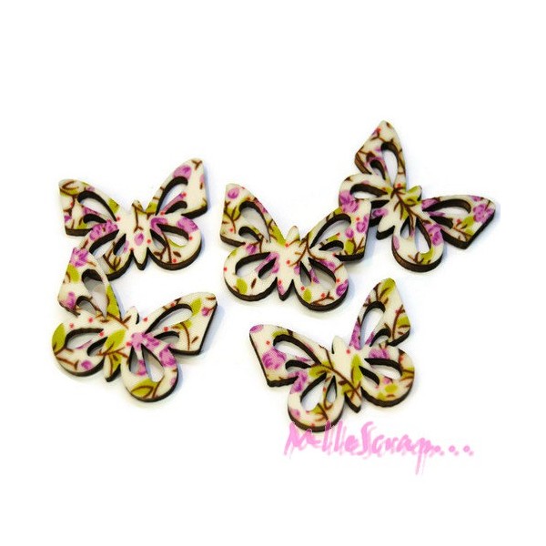 Papillons bois tissu multicolore - 5 pièces - Photo n°1