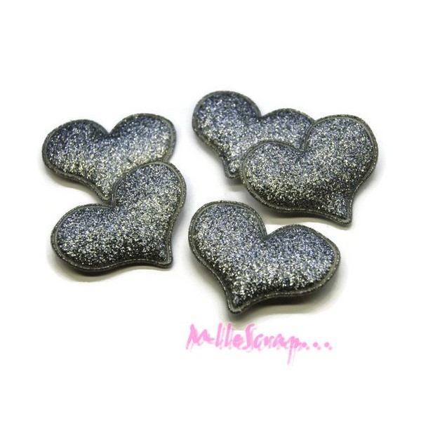 Appliques cœurs tissu glitter argenté - 5 pièces - Photo n°1