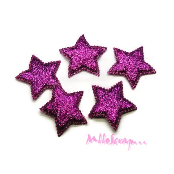 Appliques étoiles tissu glitter rose foncé - 5 pièces - Photo n°1