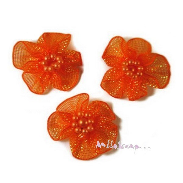 Appliques fleurs tissu brilllantes orange - 5 pièces - Photo n°1